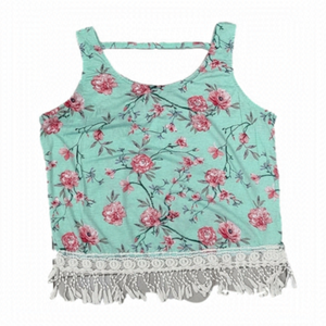 Floral Cropped Tank with Crochet Fringe - Size XL